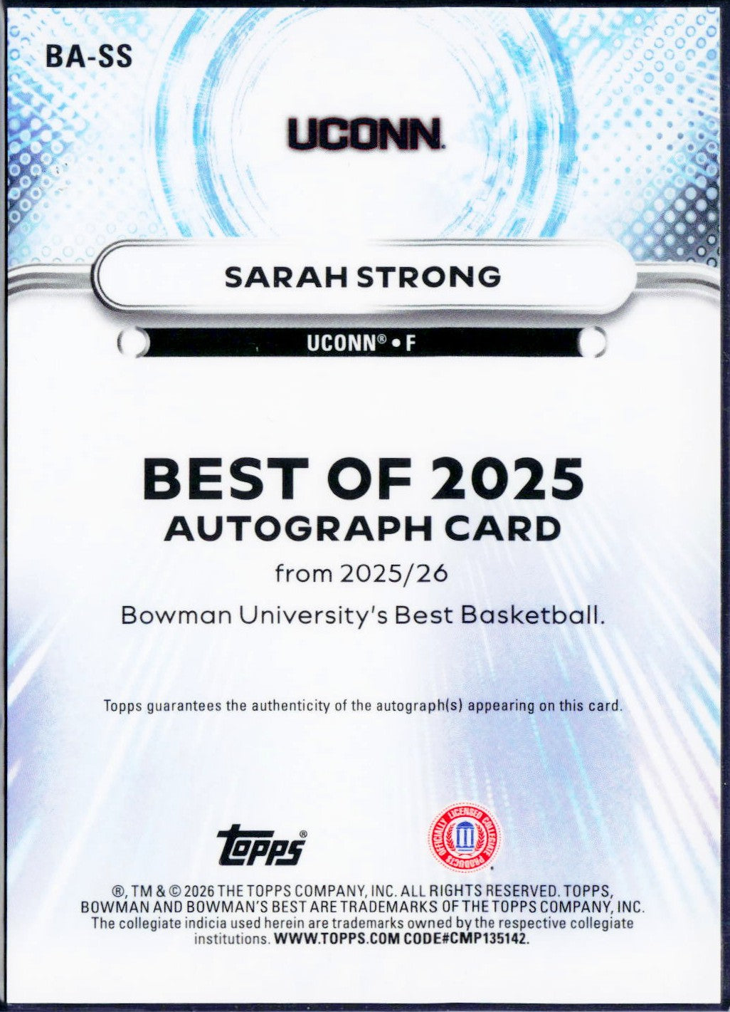 Sarah Strong RC 2025 Bowman U Best Orange Mini Diamond Rookie Auto SP 11/25-2