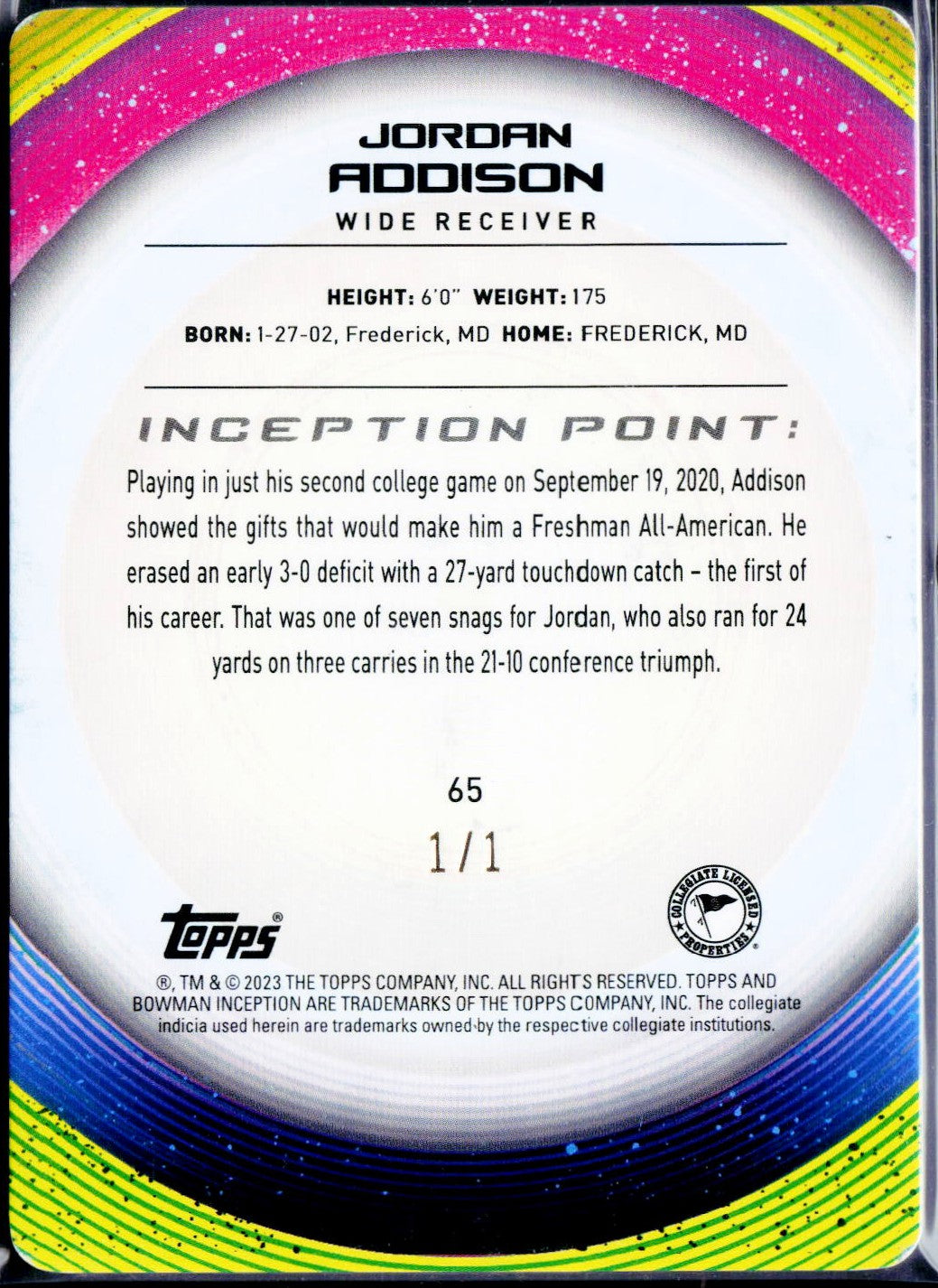 Jordan Addison RC 2022 Bowman U Inception Printing Plate Rookie SP 1/1-2