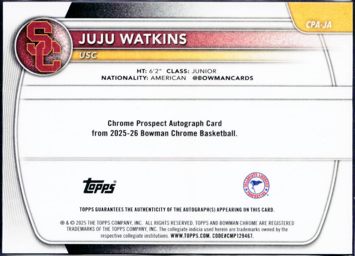 Juju Watkins RC 2025 Bowman U Chrome Sapphire Rookie Auto-2
