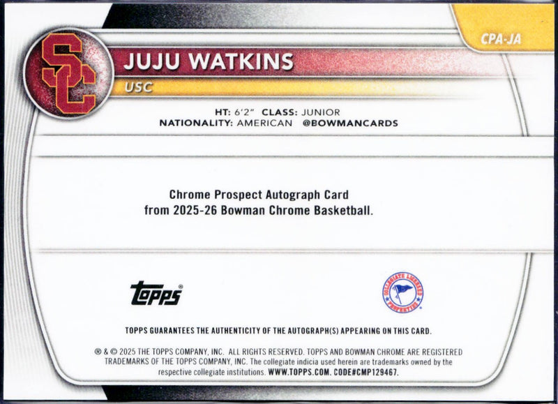 Juju Watkins RC 2025 Bowman U Chrome Sapphire Rookie Auto-2