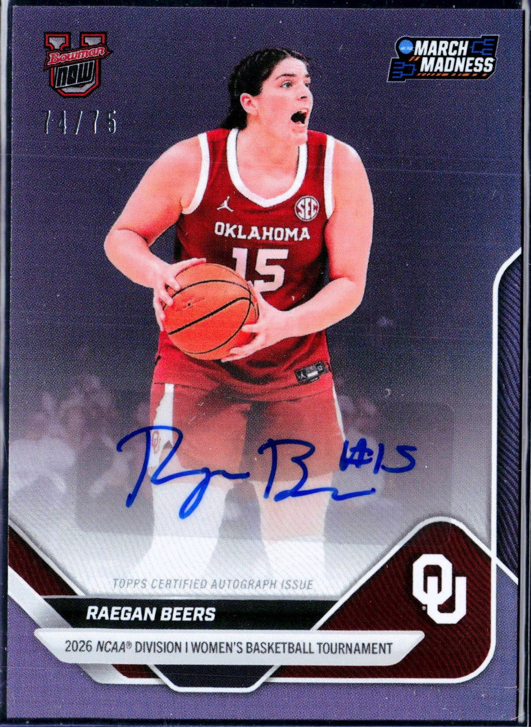 Raegan Beers RC 2026 Bowman U Now March Madness Purple Foil Rookie Auto SP 74/75