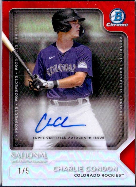 Product Charlie Condon RC 2025 Bowman Chrome National Convention Prospect Red Rookie Auto SP 1/5 Link