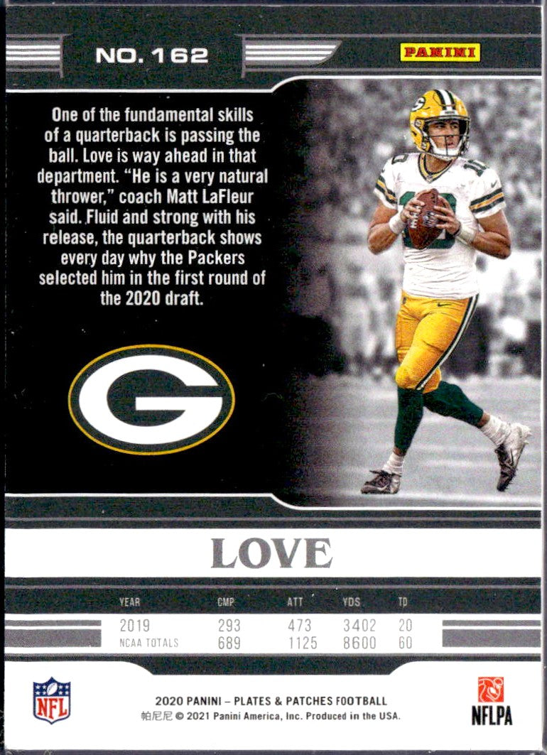 Jordan Love RC 2020 Panini Plates & Patches Blue Rookie SP 52/60-2