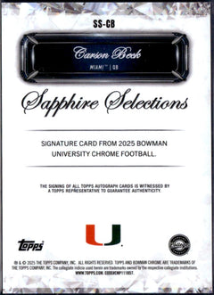 Carson Beck RC 2025 Bowman U Sapphire Selections Rookie Auto-2