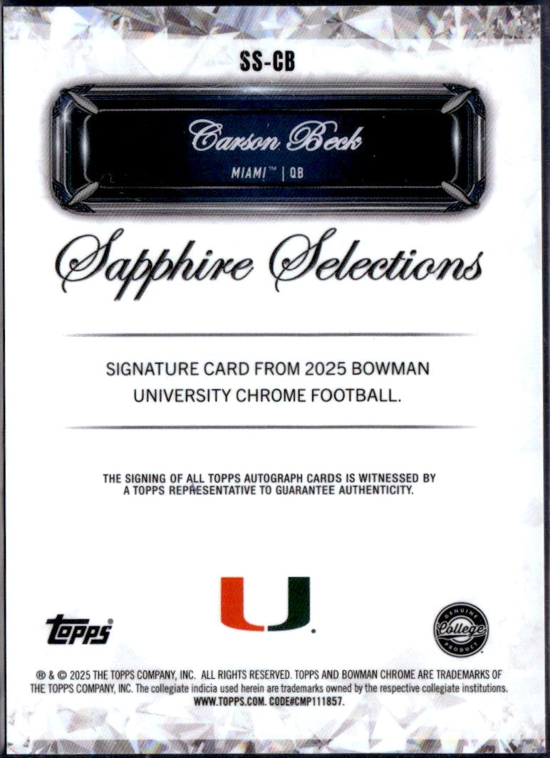 Carson Beck RC 2025 Bowman U Sapphire Selections Rookie Auto-2