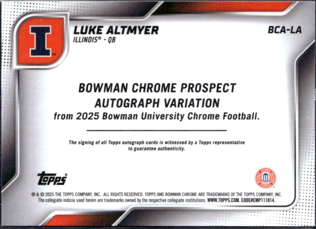 Luke Altmyer RC 2025 Bowman U Sapphire Orange Rookie Auto SP 22/25-2