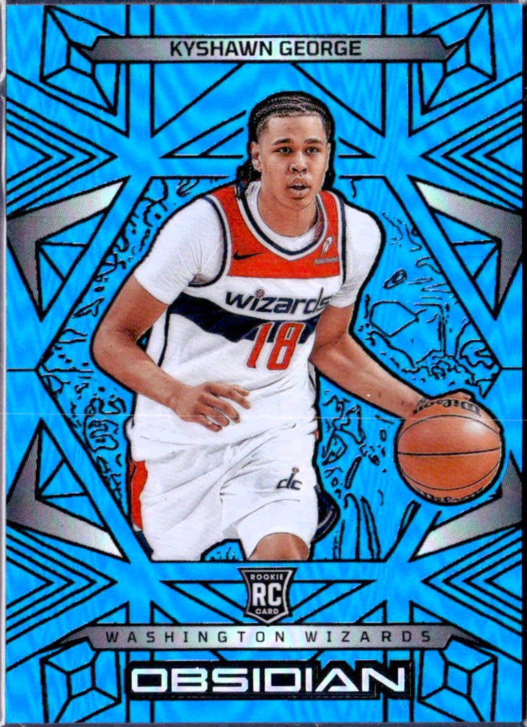 Kyshawn George RC 2024-25 Panini Obsidian Blue Flood Electric Etch Rookie SP 1/30