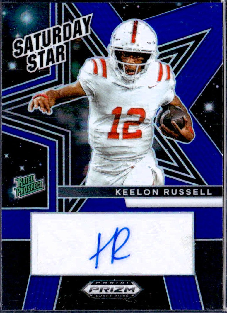 Keelon Russell RC 2025 Panini Prizm Blue Saturday Star Rookie Auto SP 243/249-1