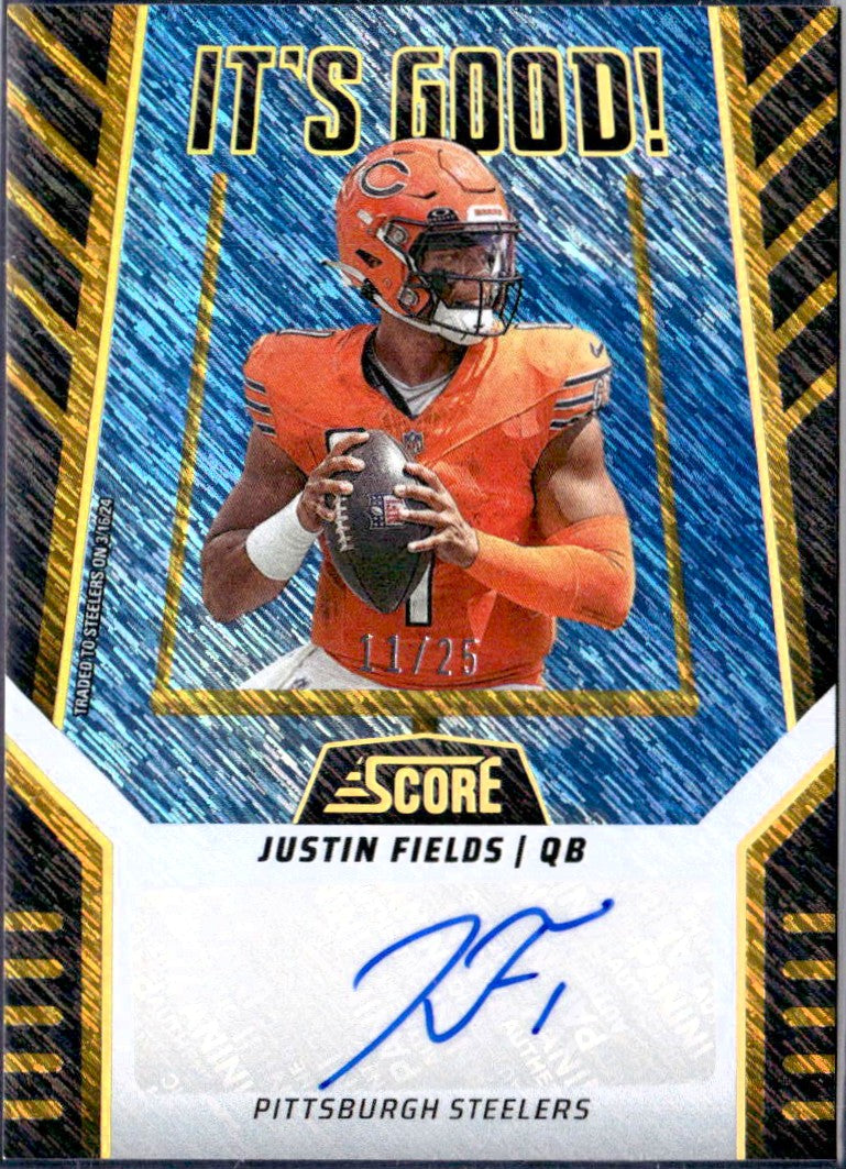 Justin Fields 2024 Panini Score Gold Shimmer Its Good! Auto SP 11/25
