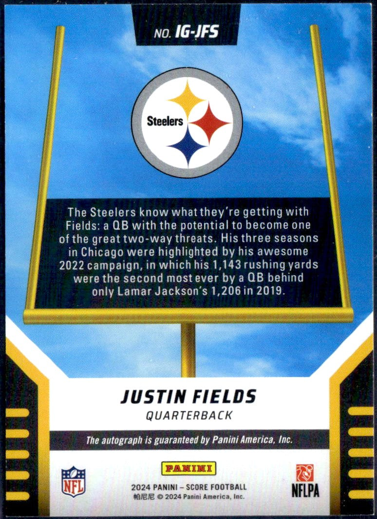Justin Fields 2024 Panini Score Gold Shimmer Its Good! Auto SP 11/25-2