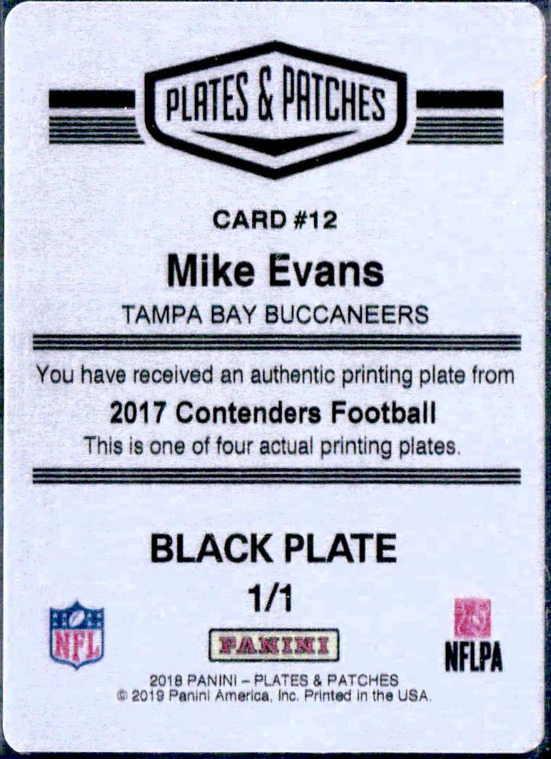 Mike Evans 2018 Panini Plates & Patches Contenders Printing Plate SP 1/1-2