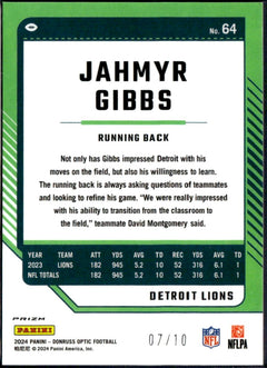Jahmyr Gibbs RC 2024 Donruss Optic Gold Prizm SP 7/10-2
