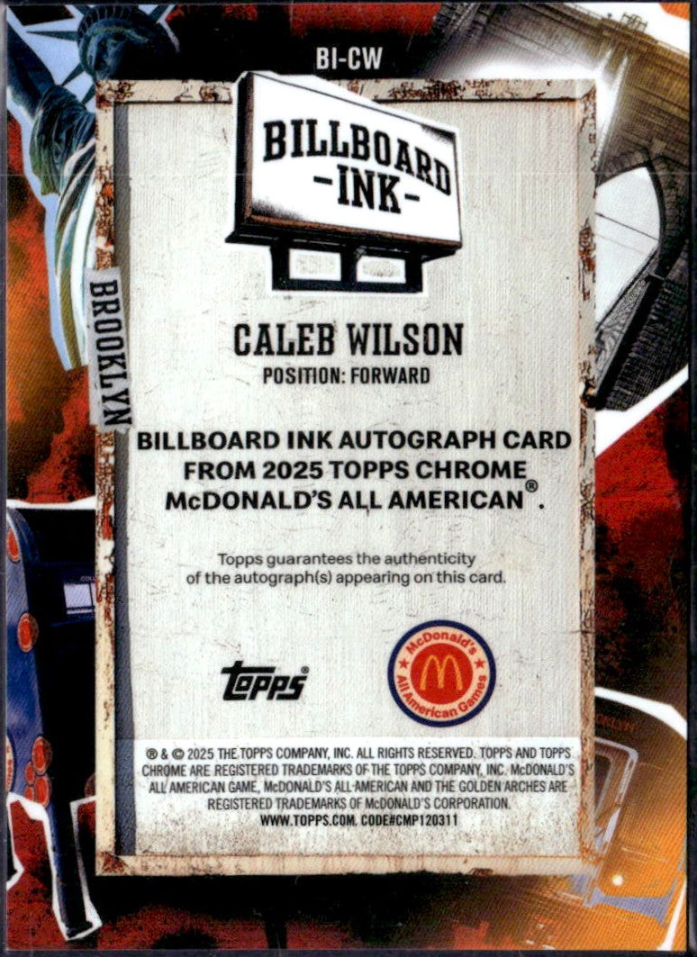 Caleb Wilson RC 2025 Topps Chrome Mcdonald's All American Teal Billboard Ink Rookie Auto SP 37/99