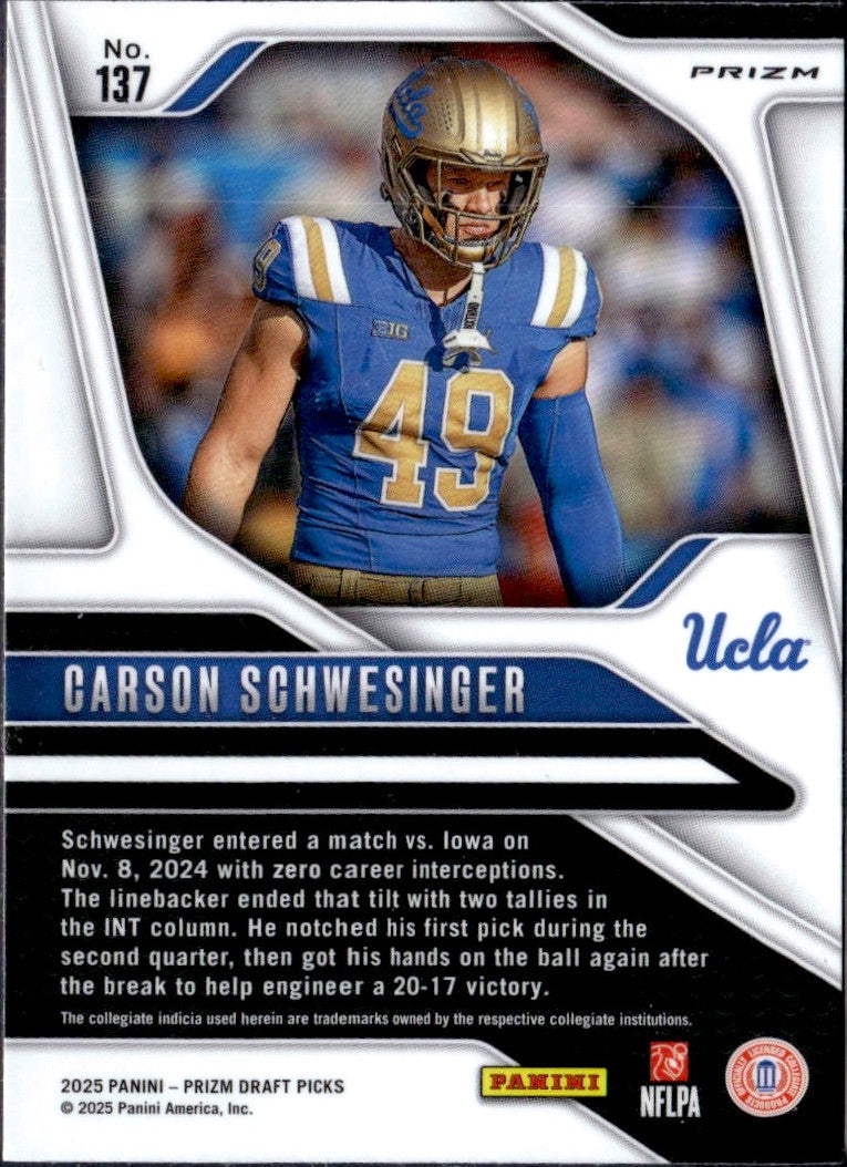 Carson Schwesinger RC 2025 Panini Prizm Snakeskin Rookie SSP #137-2