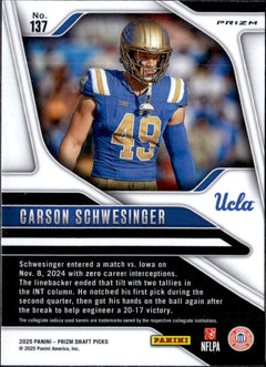Carson Schwesinger RC 2025 Panini Prizm Snakeskin Rookie SSP #137-2