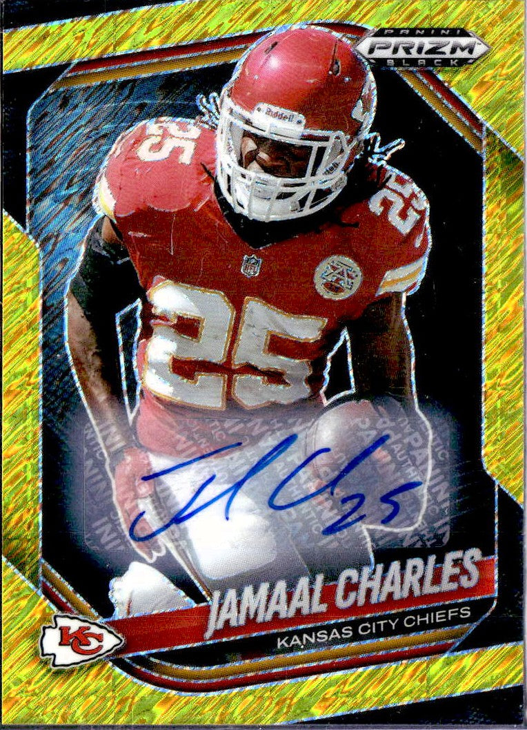 Jamaal Charles 2025 Panini Prizm Black Gold Shimmer FOTL Auto SP 2/10