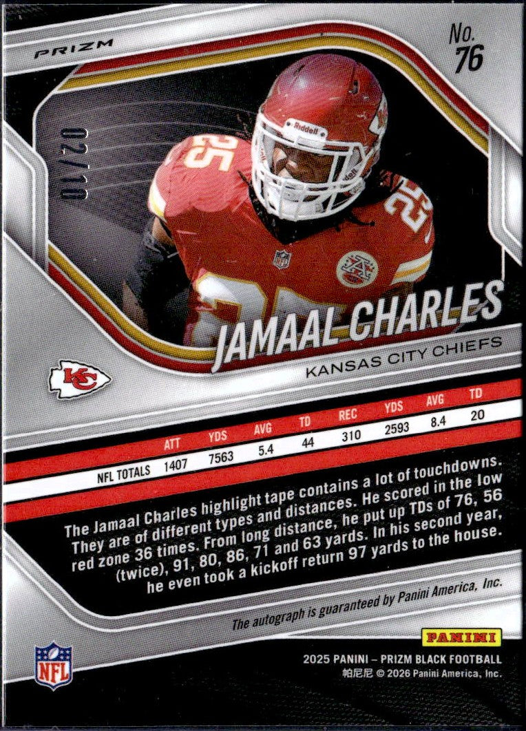 Jamaal Charles 2025 Panini Prizm Black Gold Shimmer FOTL Auto SP 2/10