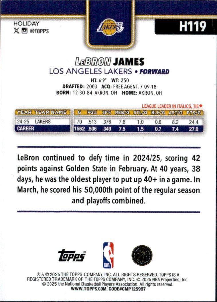 Lebron James 2025-26 Topps Holiday Orange SP 9/25