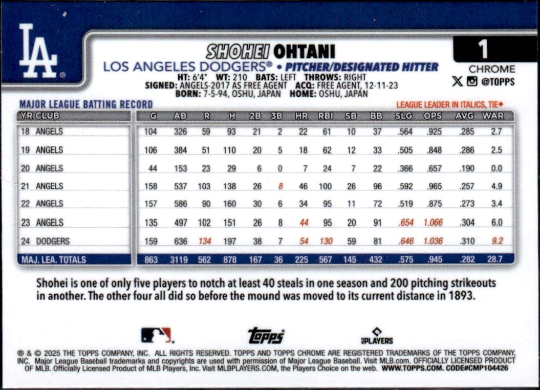 Shohei Ohtani 2025 Topps Chrome Sapphire Edition #1