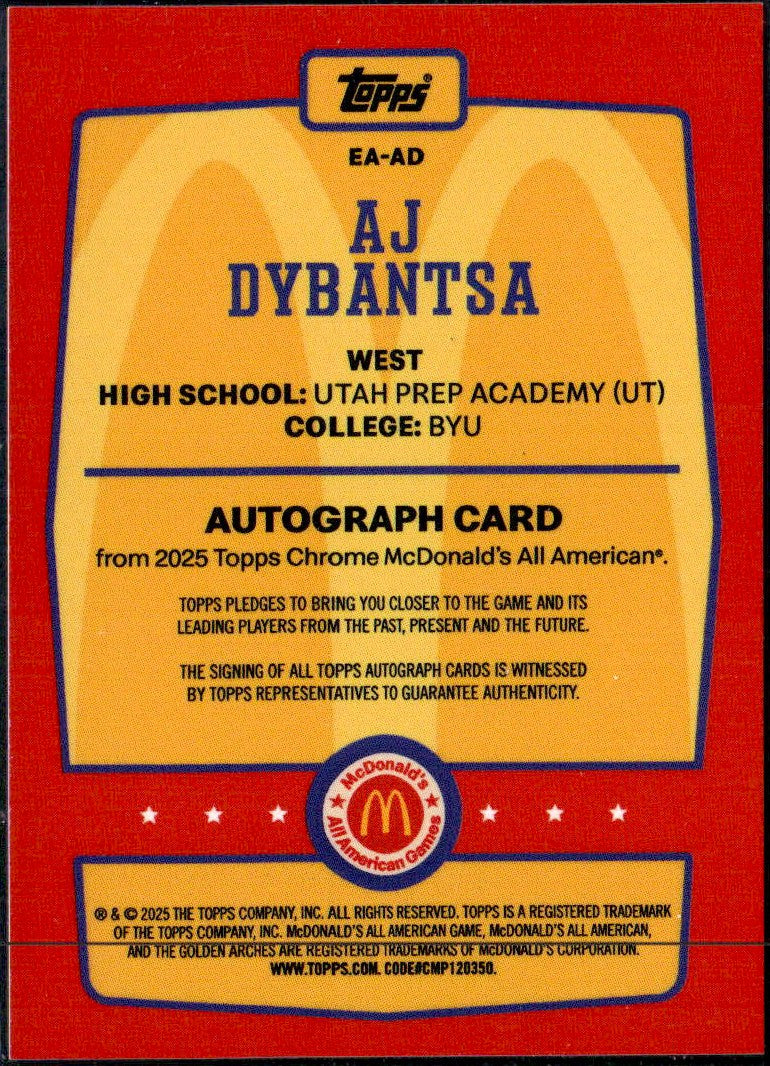Aj Dybantsa RC 2025 Topps Mcdonald's All American Event On Card Rookie Auto