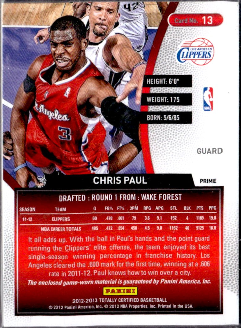 Chris Paul 2012-13 Panini Totally Certified Red Game Used Patch SP 40/49-2