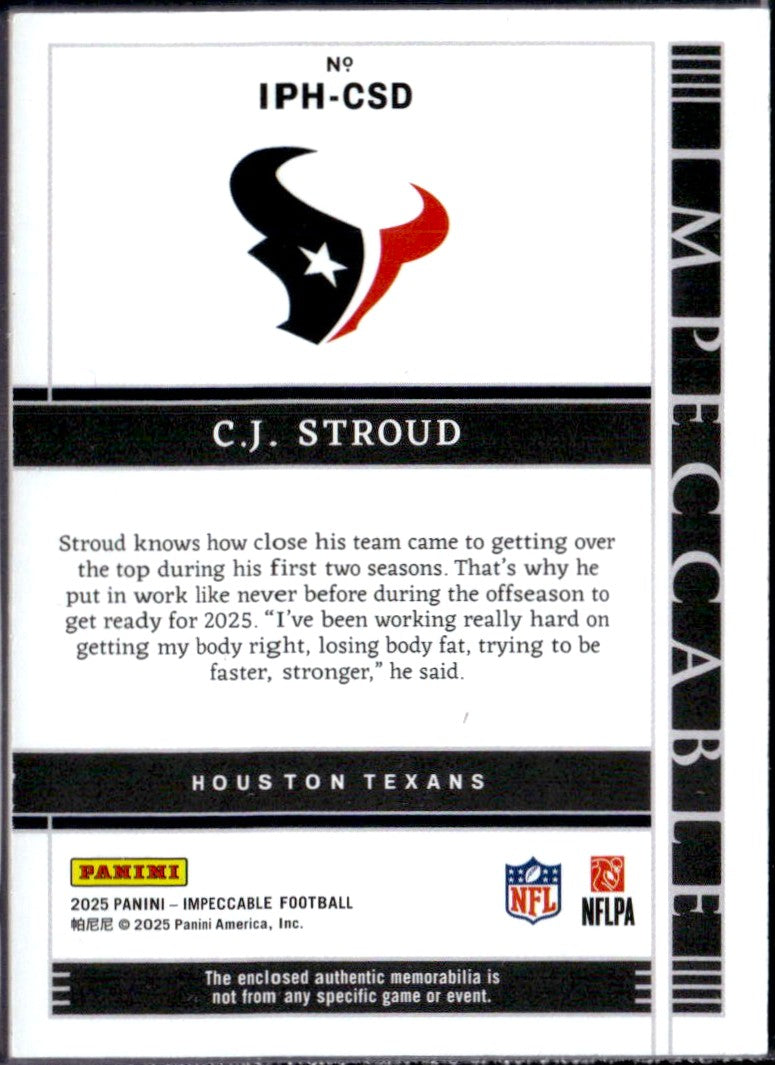 Cj Stroud 2025 Impeccable Silver Immense Jersey Patch SP 4/25-2