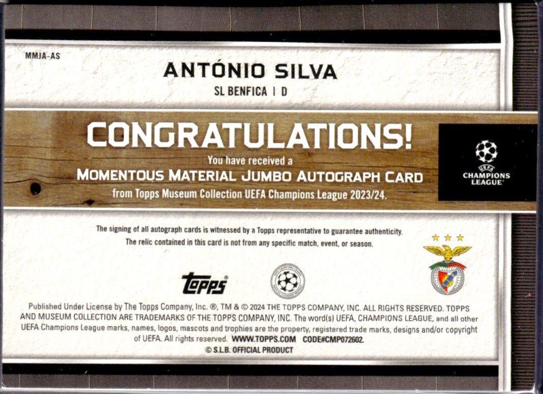 Antonio Silva 2023-24 Topps Museum Collection Momentous Black Jersey Patch Auto SP 9/10