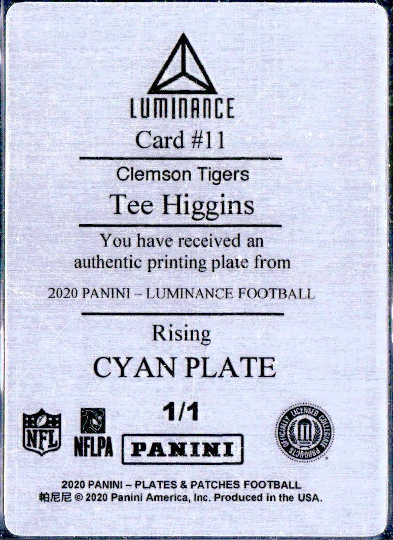 Tee Higgins RC 2020 Panini Chronicles Luminance Printing Plate SP 1/1-2