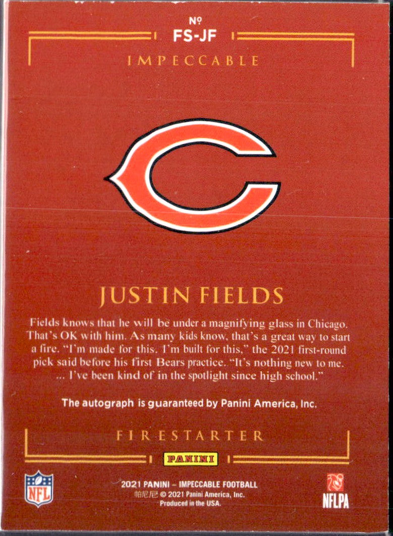 Justin Fields RC 2021 Impeccable Firestarter Rookie Auto SP 10/50-2