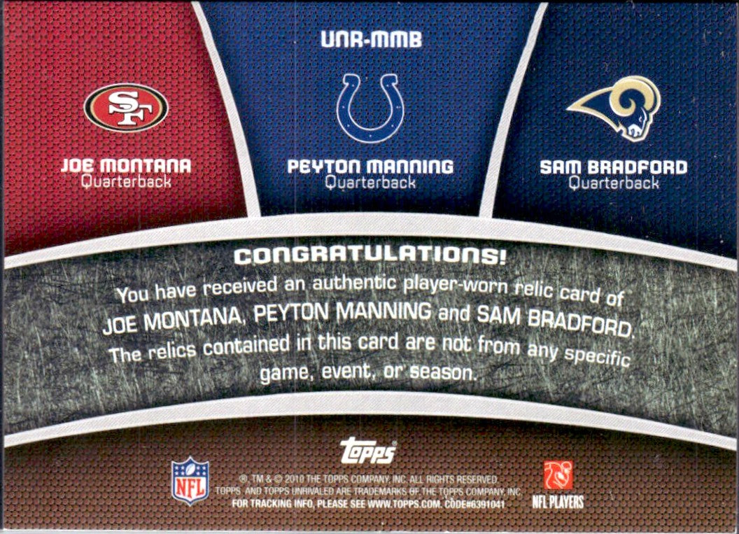 Montana Manning Bradford 2010 Topps Unrivaled Triple Jersey Patch SP 78/99