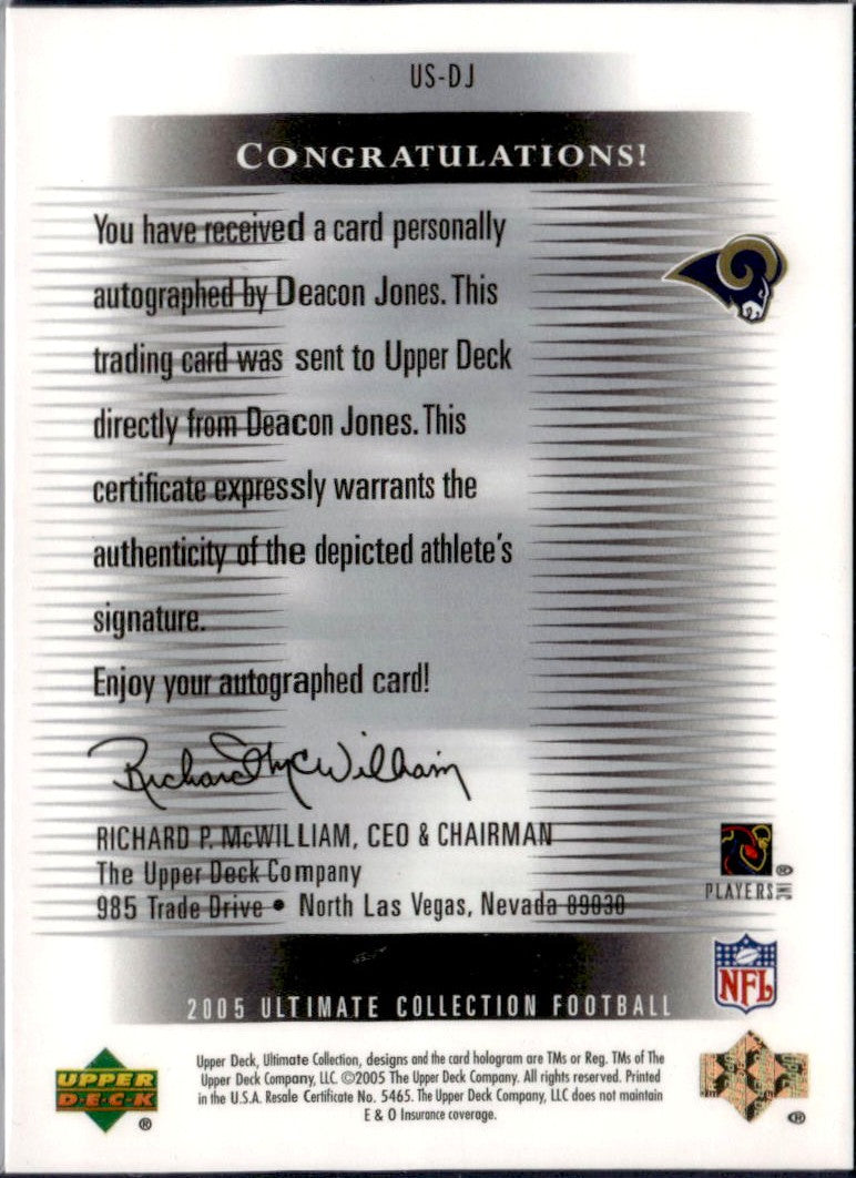 Deacon Jones 2005 Upper Deck Ultimate Collection On Card Auto SP 88/99