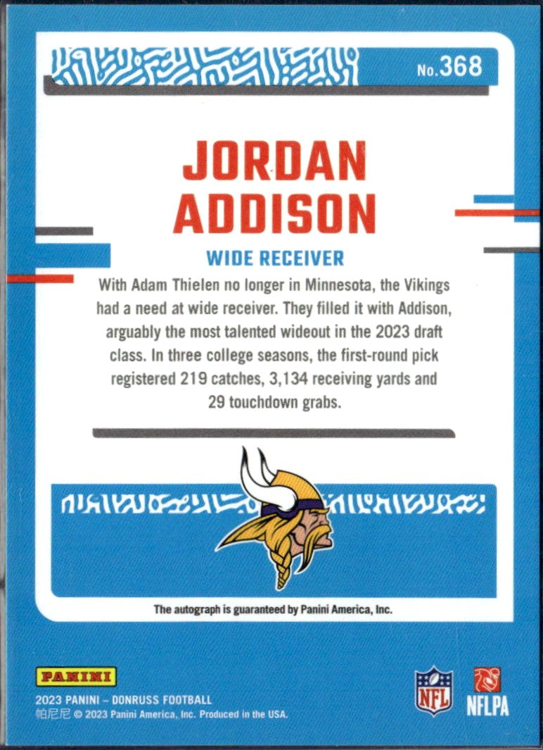 Jordan Addison RC 2023 Donruss Green Press Proof Rated Rookie Auto #368