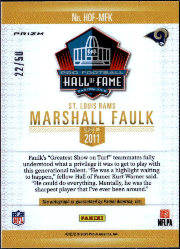 Marshall Faulk 2025 Panini Hall Of Fame Silver On Card Auto SP 22/50