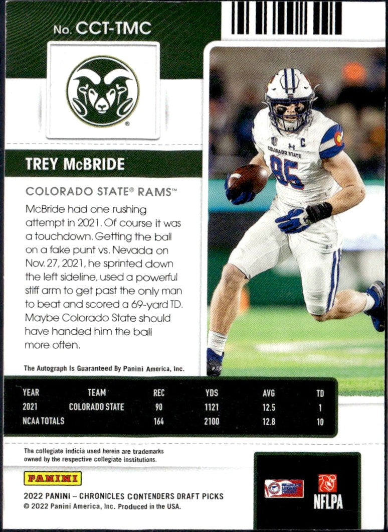 Trey Mcbride RC 2022 Panini Chronicles Draft Contenders Purple College Ticket Rookie Auto SP 1/49
