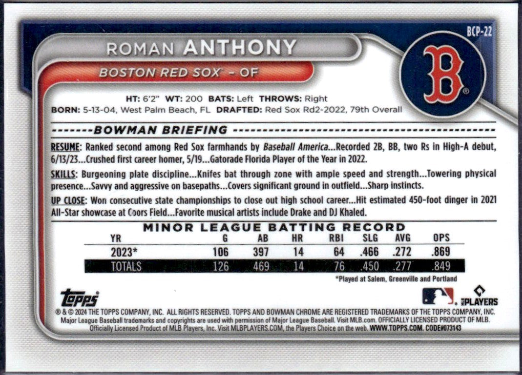 Roman Anthony RC 2024 Bowman Chrome Lava Refractor Prospect Rookie SP 66/399