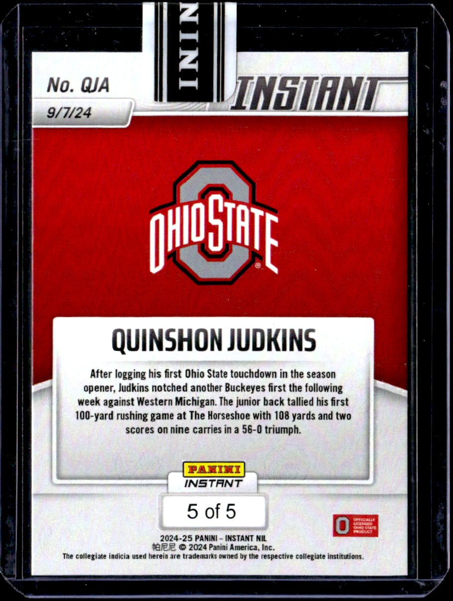 Quinshon Judkins RC 2024 Panini Instant White Tiger Rookie SP 5/5