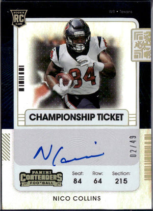 Nico Collins RC 2021 Panini Contenders Championship Ticket Rookie Auto SP 2/49