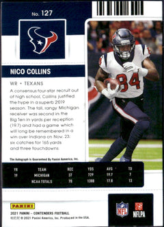 Nico Collins RC 2021 Panini Contenders Championship Ticket Rookie Auto SP 2/49-2