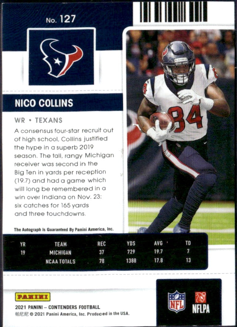 Nico Collins RC 2021 Panini Contenders Championship Ticket Rookie Auto SP 2/49-2