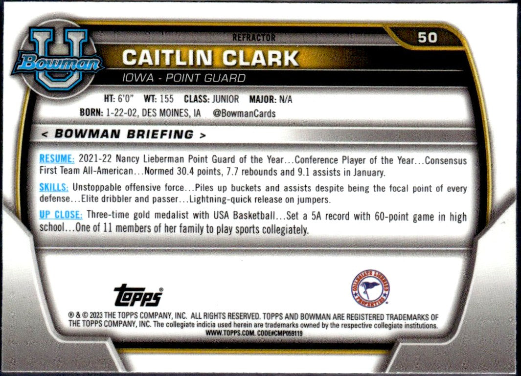Caitlin Clark RC 2022 1st Bowman U Chrome Refractor Rookie #50-2