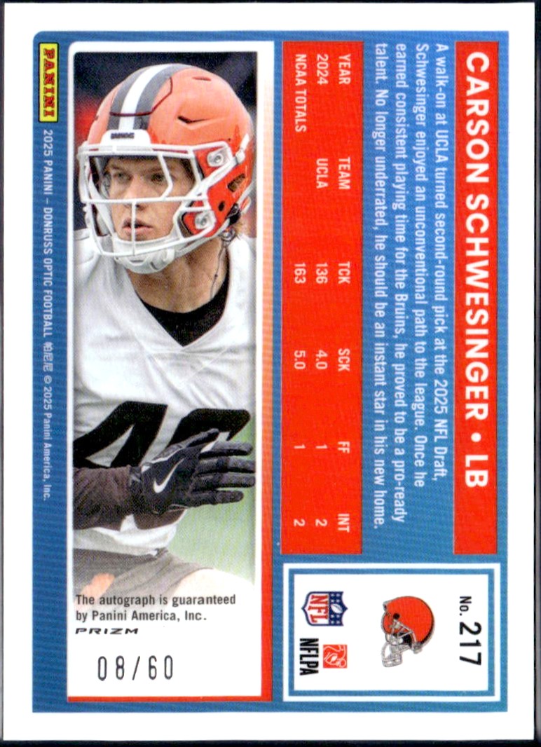 Carson Schwesinger RC 2025 Donruss Optic Black Gold Rated Rookie Auto SP 8/60