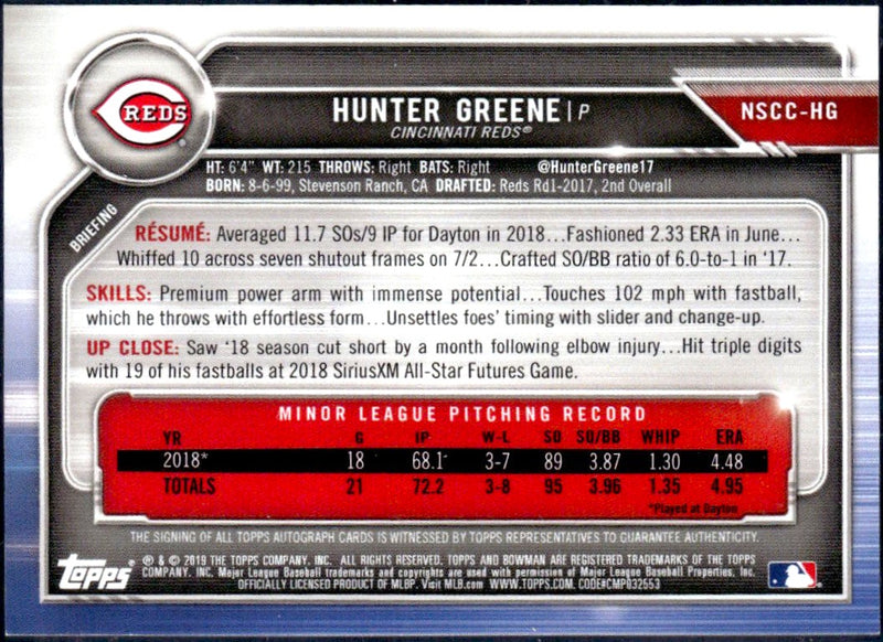 Hunter Greene 2019 Bowman National Prospect Rookie Auto-2