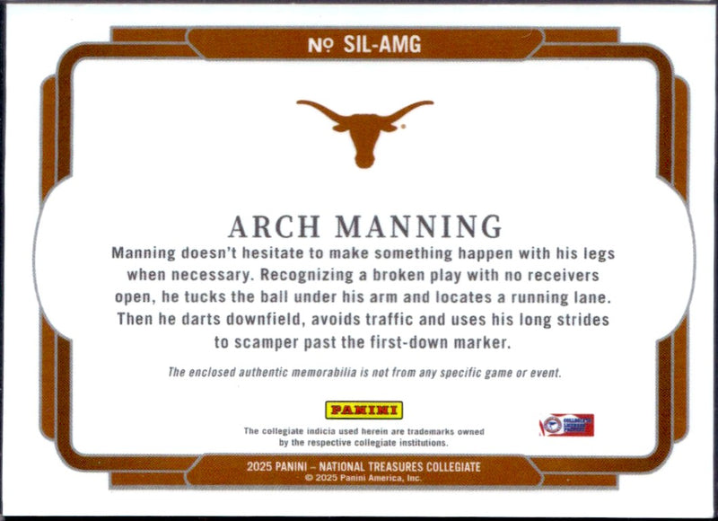 Arch Manning RC 2025 National Treasures Collegiate Jumbo Rookie Patch SP 9/99-2