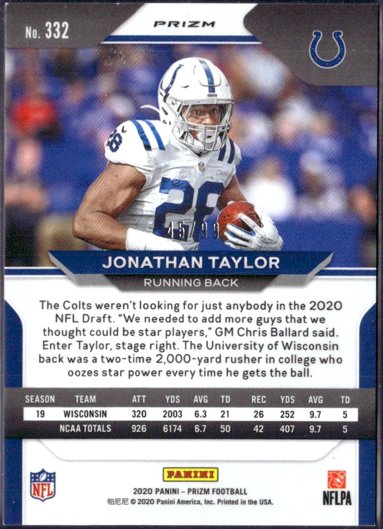 Jonathan Taylor RC 2020 Panini Prizm Blue Ice Rookie SP 45/99