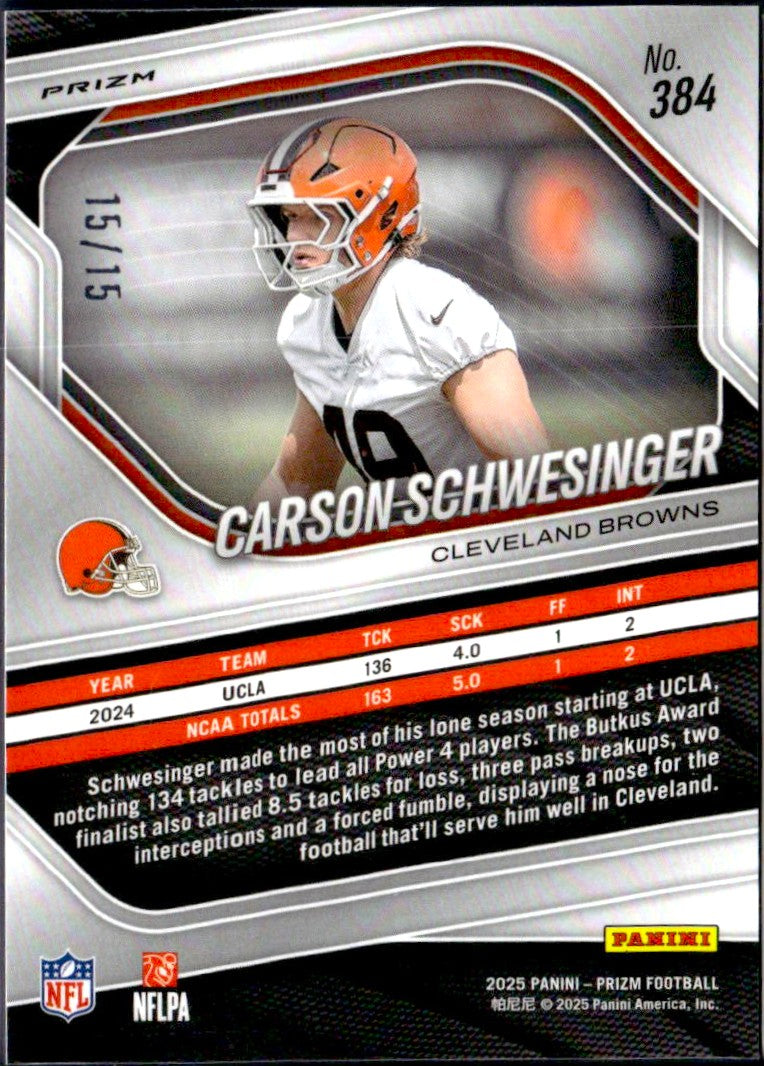Carson Schwesinger RC 2025 Panini Prizm Cherry Blossom Choice Rookie SP 15/15
