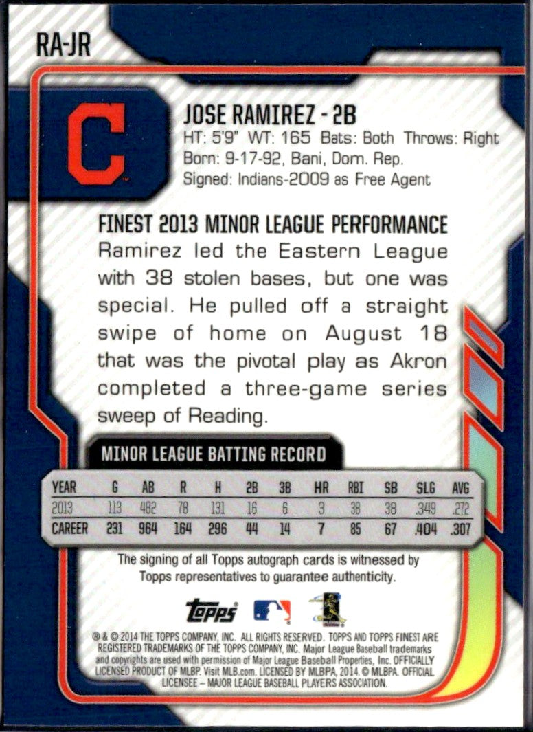 Jose Ramirez RC 2014 Topps Finest Refractor Rookie Auto