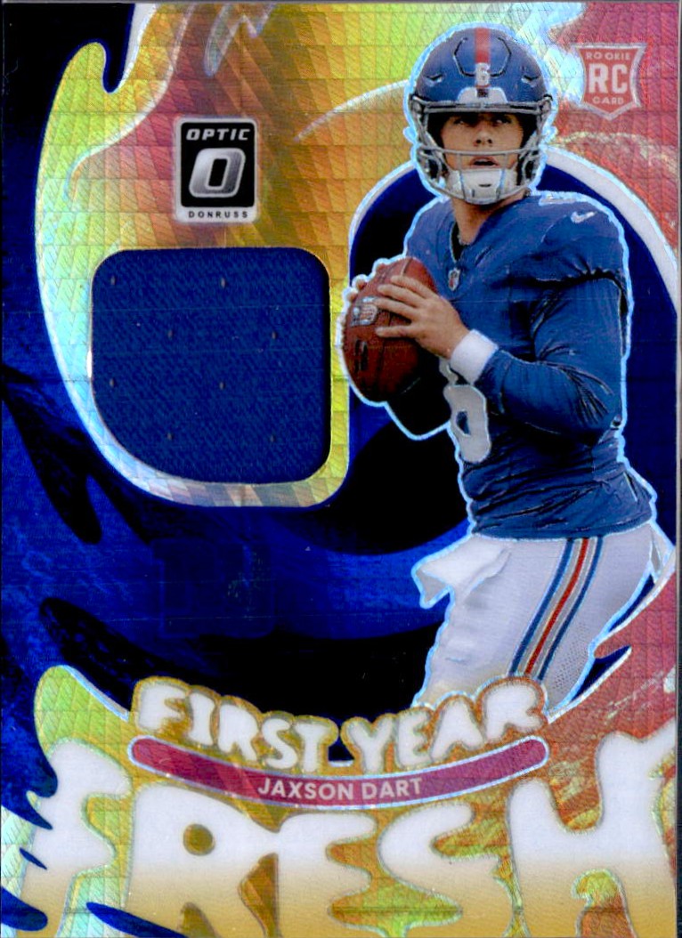Jaxson Dart RC 2025 Donruss Optic Blue Hyper First Year Fresh Rookie Patch