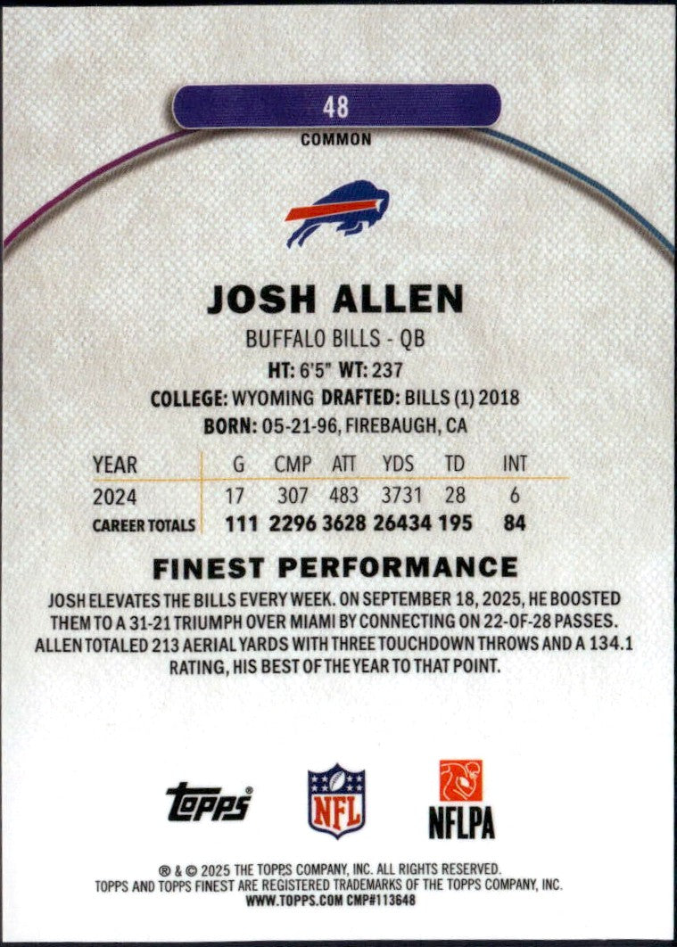 Josh Allen 2025 Topps Finest Green Refractor SP 69/75-2