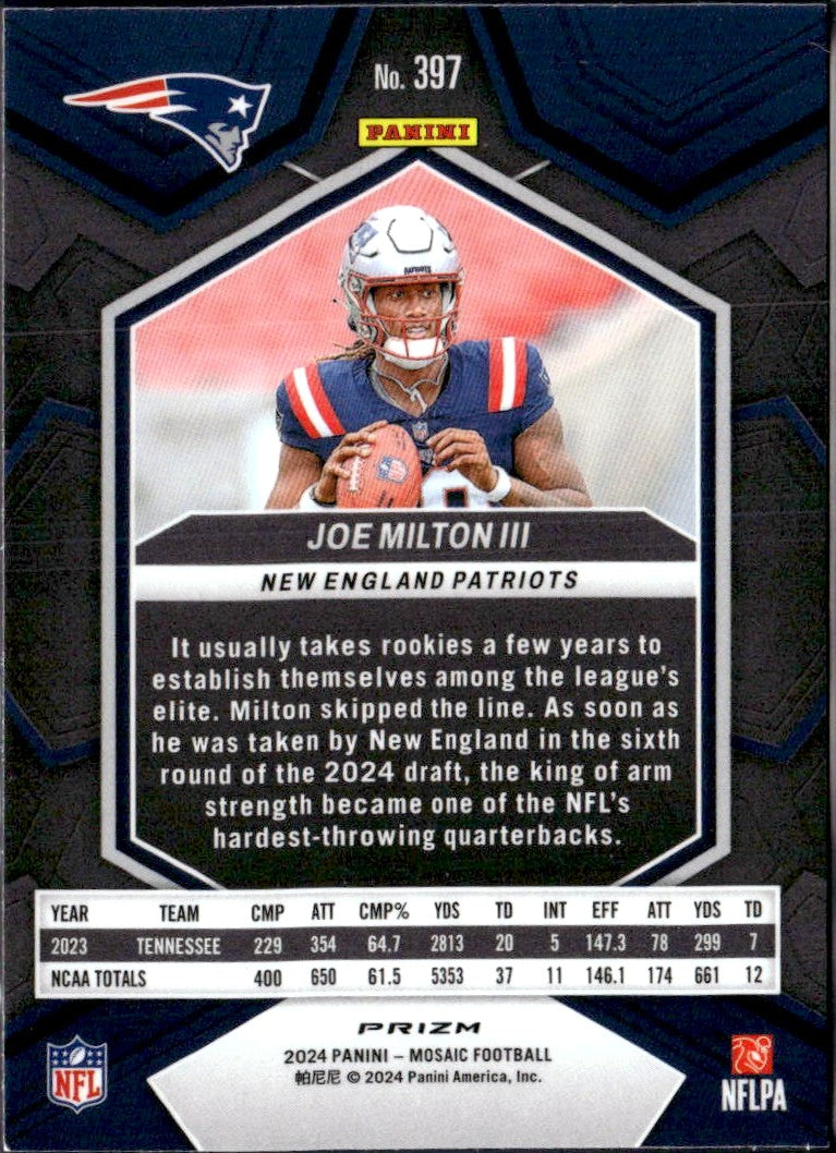 Joe Milton III RC 2024 Panini Mosaic Honeycomb Prizm Rookie SSP #397-2