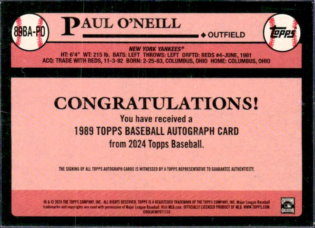 Paul O'Neill 2024 Topps 1989 Throwback On Card Auto-2